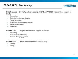 ERDAS APOLLO Advantage
Data Services – On-the-fly data processing. All ERDAS APOLLO web services support on-
the-fly:
– Reprojection
– Contextual rendering and styling
– Format conversion
– Temporal or attribute-based selection
– Spatial subset creation
– Data export
ERDAS APOLLO imagery web services support on-the-fly:
– Mosaicking
– Band selection and ordering
– Creation of imagery pyramids
ERDAS APOLLO vector web services support on-the-fly:
– Filtering
– Editing
31
 