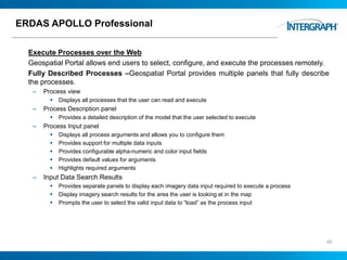 ERDAS APOLLO Professional
Execute Processes over the Web
Geospatial Portal allows end users to select, configure, and execute the processes remotely.
Fully Described Processes –Geospatial Portal provides multiple panels that fully describe
the processes.
– Process view
 Displays all processes that the user can read and execute
– Process Description panel
 Provides a detailed description of the model that the user selected to execute
– Process Input panel
 Displays all process arguments and allows you to configure them
 Provides support for multiple data inputs
 Provides configurable alpha-numeric and color input fields
 Provides default values for arguments
 Highlights required arguments
– Input Data Search Results
 Provides separate panels to display each imagery data input required to execute a process
 Display imagery search results for the area the user is looking at in the map
 Prompts the user to select the valid input data to “load” as the process input
45
 