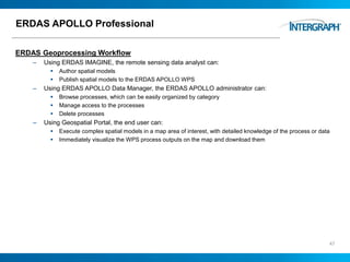 ERDAS APOLLO Professional
ERDAS Geoprocessing Workflow
– Using ERDAS IMAGINE, the remote sensing data analyst can:
 Author spatial models
 Publish spatial models to the ERDAS APOLLO WPS
– Using ERDAS APOLLO Data Manager, the ERDAS APOLLO administrator can:
 Browse processes, which can be easily organized by category
 Manage access to the processes
 Delete processes
– Using Geospatial Portal, the end user can:
 Execute complex spatial models in a map area of interest, with detailed knowledge of the process or data
 Immediately visualize the WPS process outputs on the map and download them
47
 