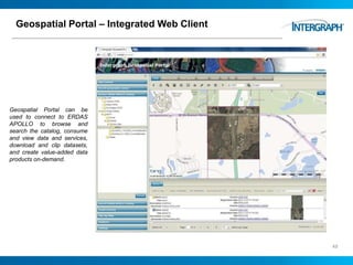 Geospatial Portal – Integrated Web Client
49
Geospatial Portal can be
used to connect to ERDAS
APOLLO to browse and
search the catalog, consume
and view data and services,
download and clip datasets,
and create value-added data
products on-demand.
 