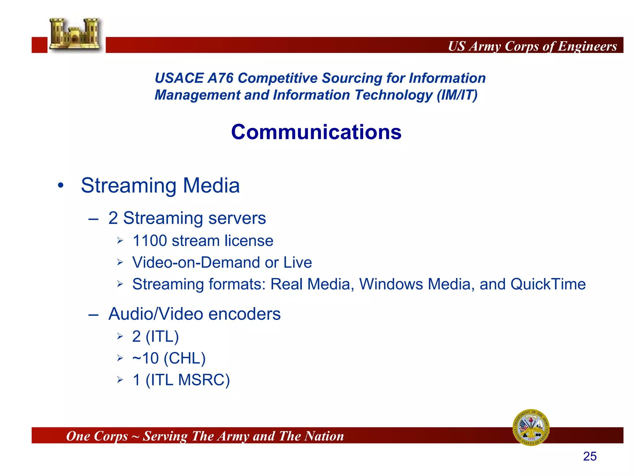 Streaming Media  2 Streaming servers 1100 stream license Video-on-Demand or Live Streaming formats: Real Media, Windows Media, and QuickTime Audio/Video encoders 2 (ITL) ~10 (CHL) 1 (ITL MSRC) Communications 