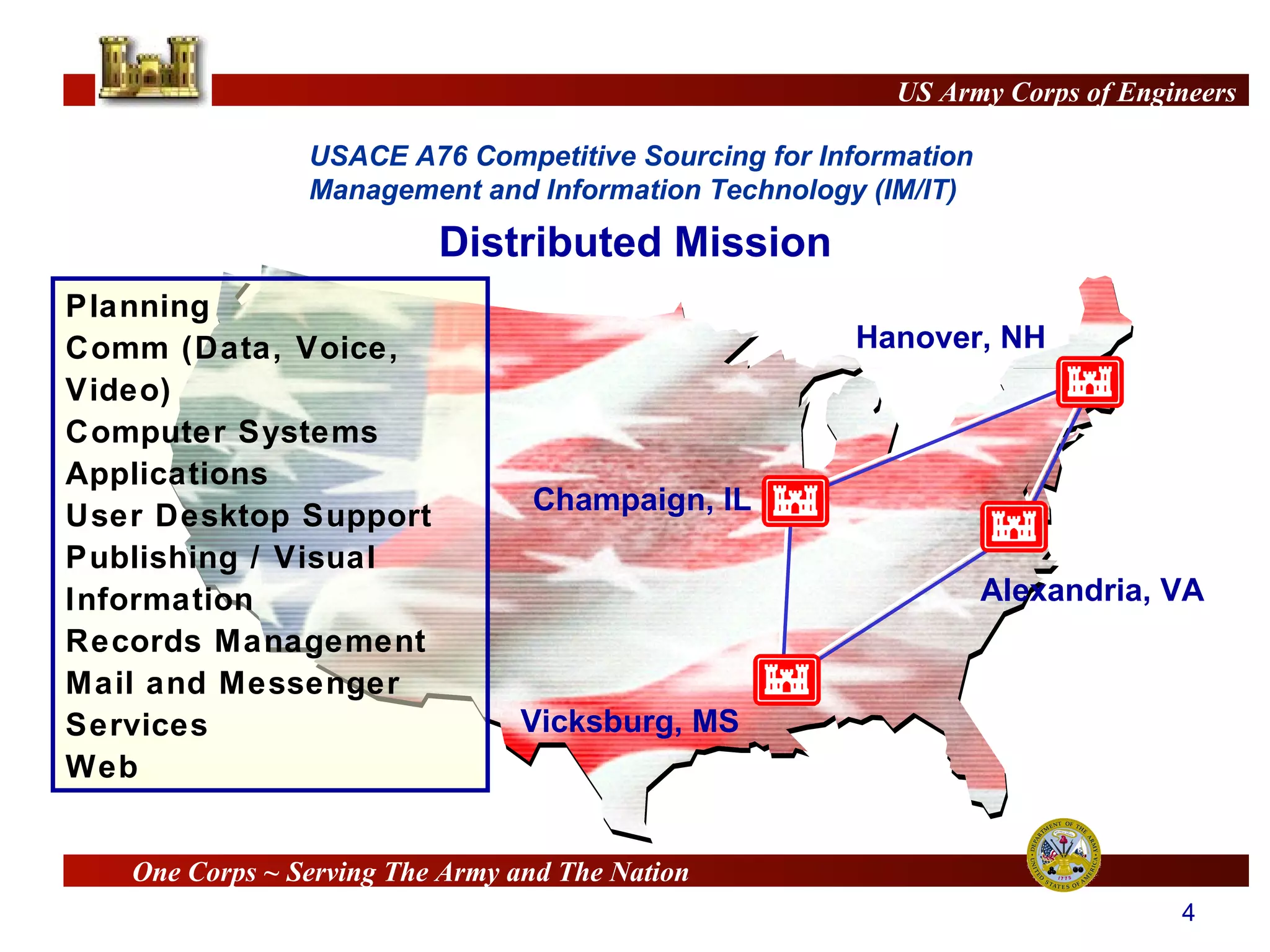 Distributed Mission Champaign, IL Alexandria, VA Hanover, NH Vicksburg, MS Planning Comm (Data, Voice, Video) Computer Systems Applications User Desktop Support Publishing / Visual Information Records Management Mail and Messenger Services Web 