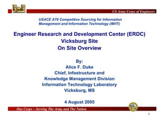 Engineer Research and Development Center (ERDC) Vicksburg Site On Site Overview By: Alice F. Duke Chief, Infostructure and Knowledge Management Division Information Technology Laboratory Vicksburg, MS 4 August 2005 