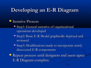 37
Developing an E-R DiagramDeveloping an E-R Diagram
 Iterative ProcessIterative Process
 Step1: General narrative of organizationalStep1: General narrative of organizational
operations developedoperations developed
 Step2: Basic E-R Model graphically depicted andStep2: Basic E-R Model graphically depicted and
reviewedreviewed
 Step3: Modifications made to incorporate newlyStep3: Modifications made to incorporate newly
discovered E-R componentsdiscovered E-R components
 Repeat process until designers and users agreeRepeat process until designers and users agree
E-R Diagram completeE-R Diagram complete
 