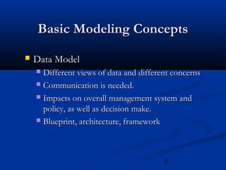 5
Basic Modeling ConceptsBasic Modeling Concepts
 Data ModelData Model
 Different views of data and different concernsDifferent views of data and different concerns
 Communication is needed.Communication is needed.
 Impacts on overall management system andImpacts on overall management system and
policy, as well as decision make.policy, as well as decision make.
 Blueprint, architecture, frameworkBlueprint, architecture, framework
 