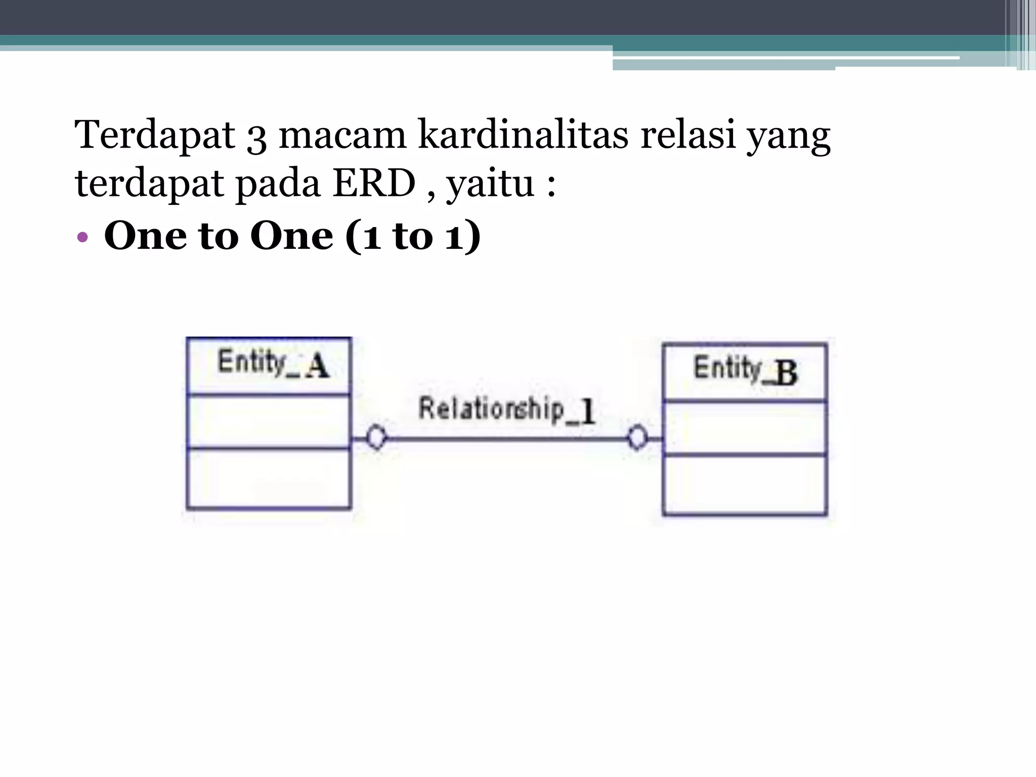 Terdapat 3 macam kardinalitas relasi yang
terdapat pada ERD , yaitu :
• One to One (1 to 1)
 