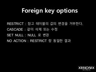 Foreign key options
RESTRICT : 참고 테이블의 값의 변경을 거부한다.
CASCADE : 같이 삭제 또는 수정
SET NULL : NULL 로 변경
NO ACTION : RESTRICT 랑 동일한 결과
 