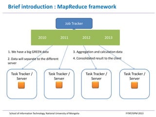 Brief introduction : MapReduce framework
Job Tracker

2010

2011

2012

2013

1. We have a big GREEN data

3. Aggregation ...