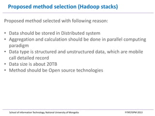 Proposed method selection (Hadoop stacks)
Proposed method selected with following reason:
• Data should be stored in Distr...