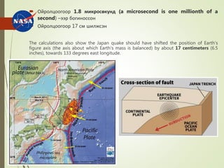  Ойролцоогоор 1.8 микросөкунд (a microsecond is one millionth of a
second) –ээр богиноссон
 Ойролцоогоор 17 см шилжсэн
The calculations also show the Japan quake should have shifted the position of Earth's
figure axis (the axis about which Earth's mass is balanced) by about 17 centimeters (6.5
inches), towards 133 degrees east longitude.
 