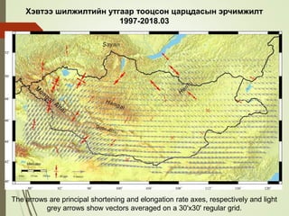 Хэвтээ шилжилтийн утгаар тооцсон царцдасын эрчимжилт
1997-2018.03
The arrows are principal shortening and elongation rate axes, respectively and light
grey arrows show vectors averaged on a 30'x30' regular grid.
 