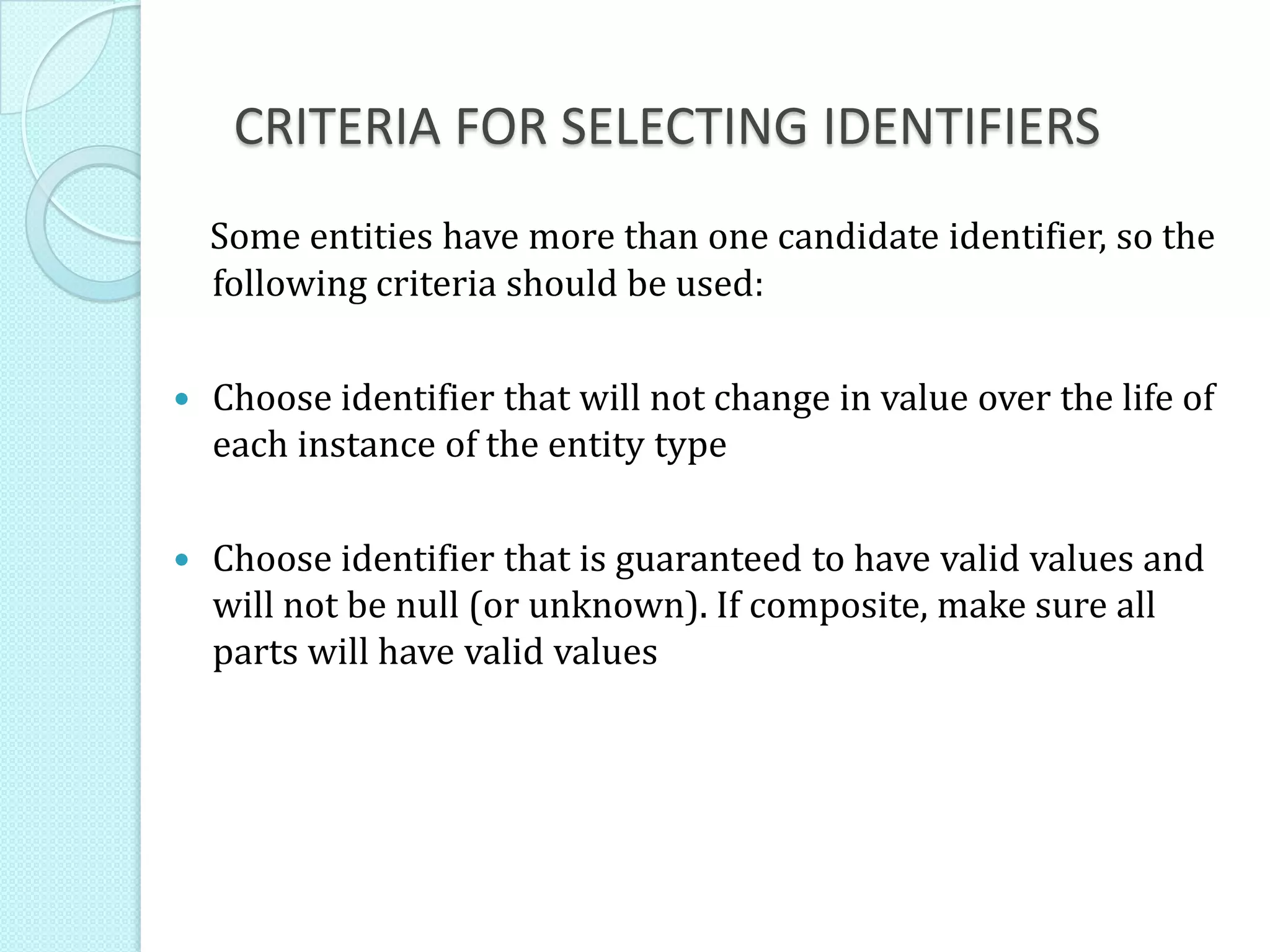 CRITERIA FOR SELECTING IDENTIFIERS
Some entities have more than one candidate identifier, so the
following criteria should be used:
 Choose identifier that will not change in value over the life of
each instance of the entity type
 Choose identifier that is guaranteed to have valid values and
will not be null (or unknown). If composite, make sure all
parts will have valid values
 
