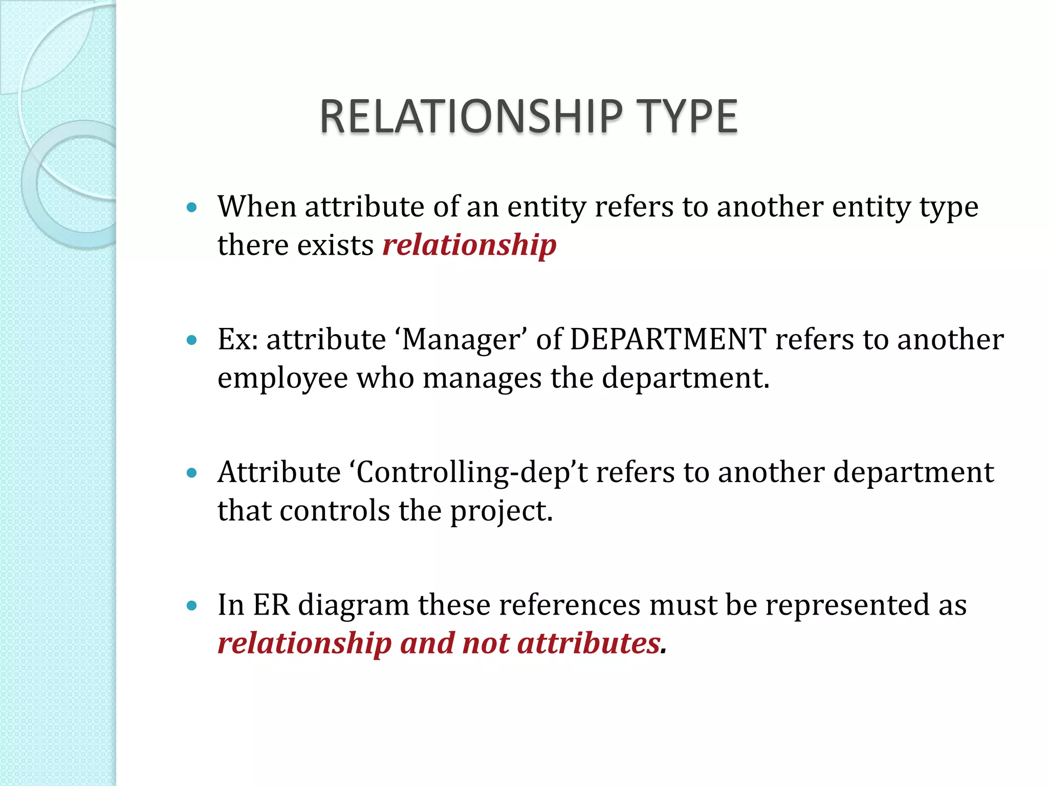 RELATIONSHIP TYPE
 When attribute of an entity refers to another entity type
there exists relationship
 Ex: attribute ‘Manager’ of DEPARTMENT refers to another
employee who manages the department.
 Attribute ‘Controlling-dep’t refers to another department
that controls the project.
 In ER diagram these references must be represented as
relationship and not attributes.
 