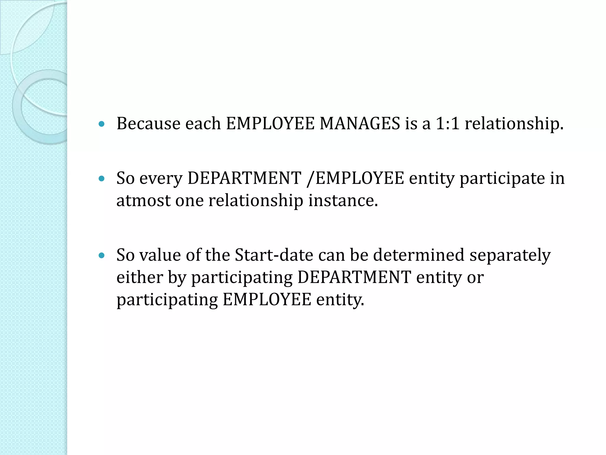  Because each EMPLOYEE MANAGES is a 1:1 relationship.
 So every DEPARTMENT /EMPLOYEE entity participate in
atmost one relationship instance.
 So value of the Start-date can be determined separately
either by participating DEPARTMENT entity or
participating EMPLOYEE entity.
 