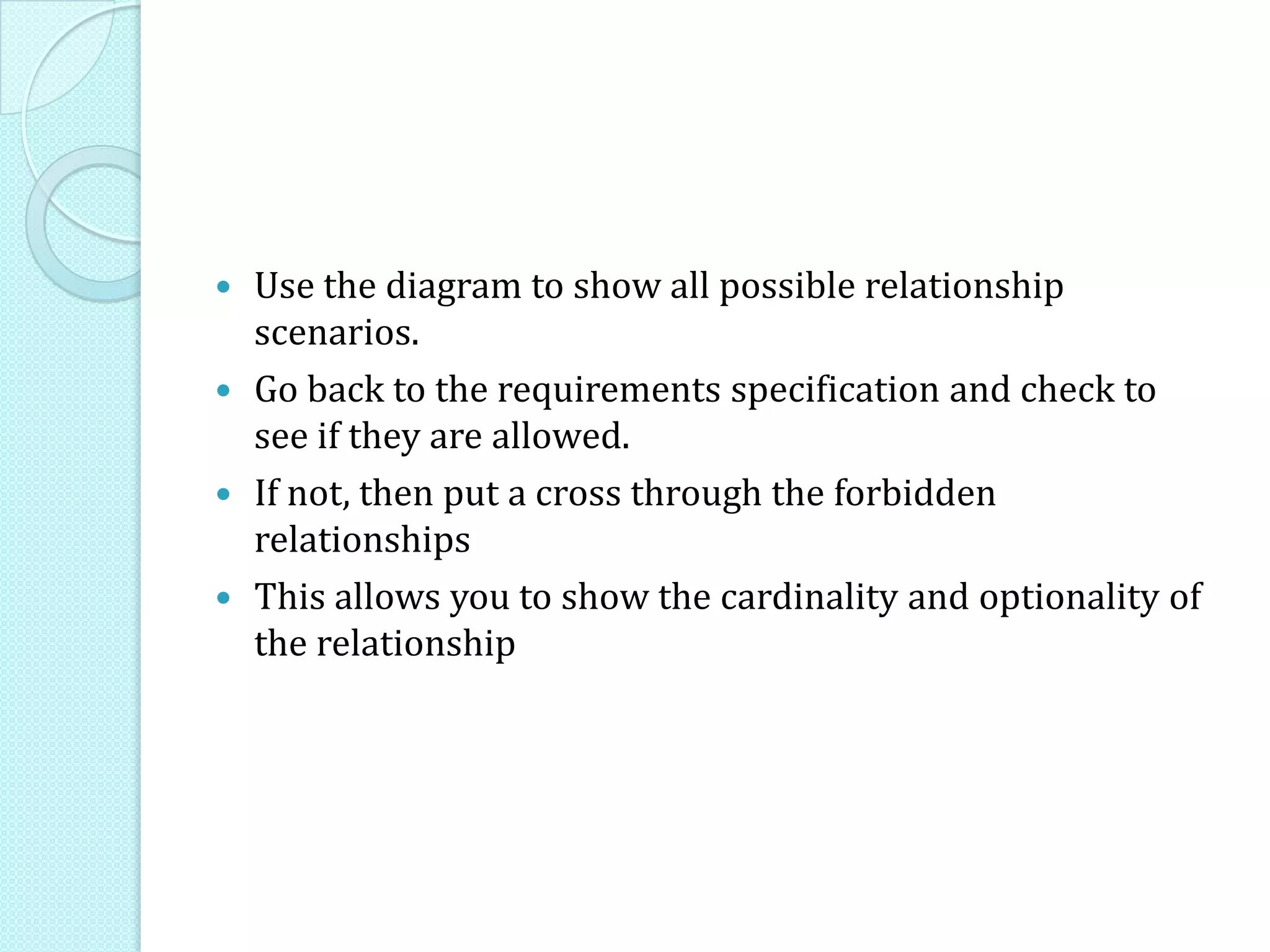  Use the diagram to show all possible relationship
scenarios.
 Go back to the requirements specification and check to
see if they are allowed.
 If not, then put a cross through the forbidden
relationships
 This allows you to show the cardinality and optionality of
the relationship
 