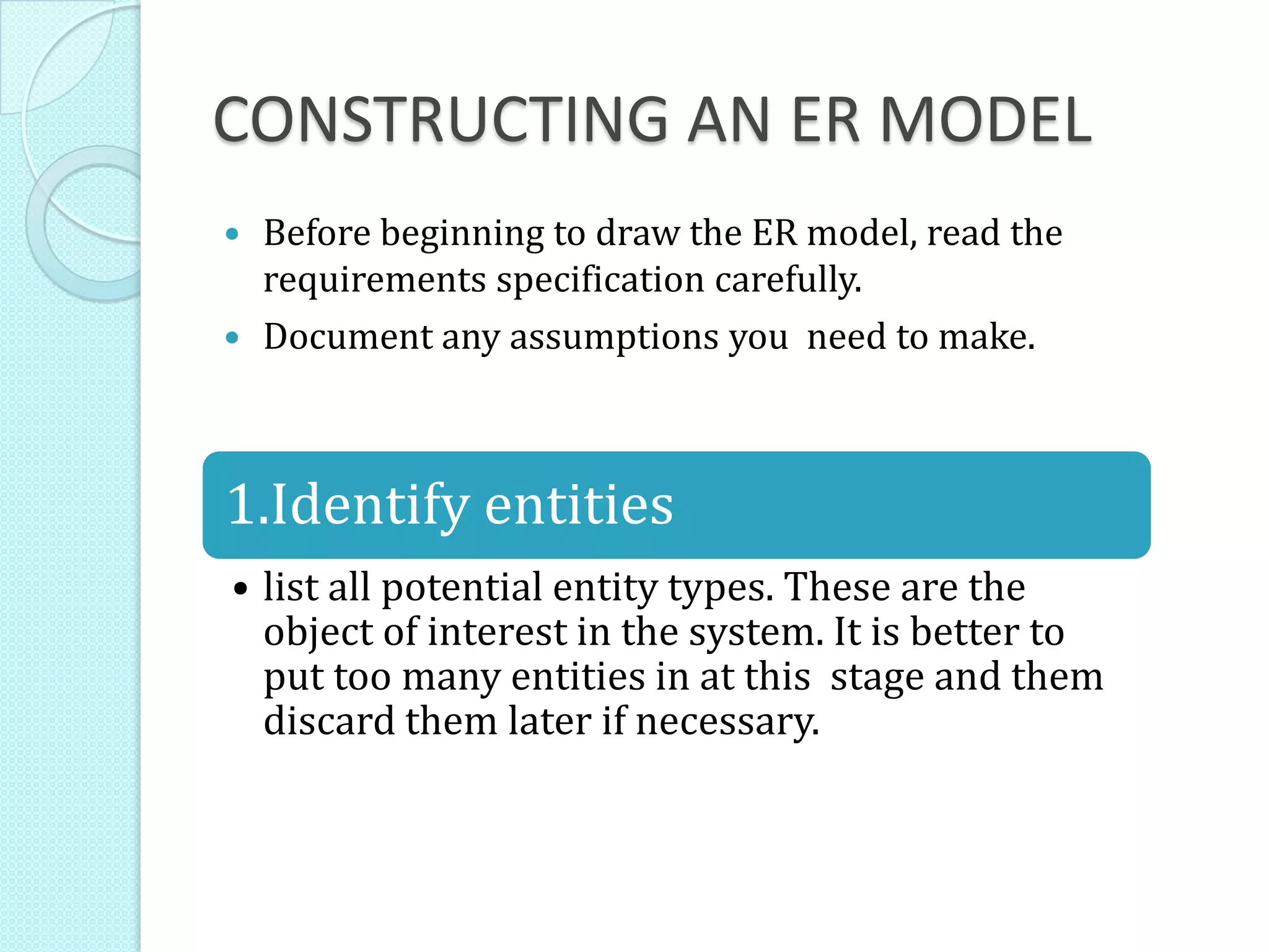 CONSTRUCTING AN ER MODEL
 Before beginning to draw the ER model, read the
requirements specification carefully.
 Document any assumptions you need to make.
1.Identify entities
• list all potential entity types. These are the
object of interest in the system. It is better to
put too many entities in at this stage and them
discard them later if necessary.
 