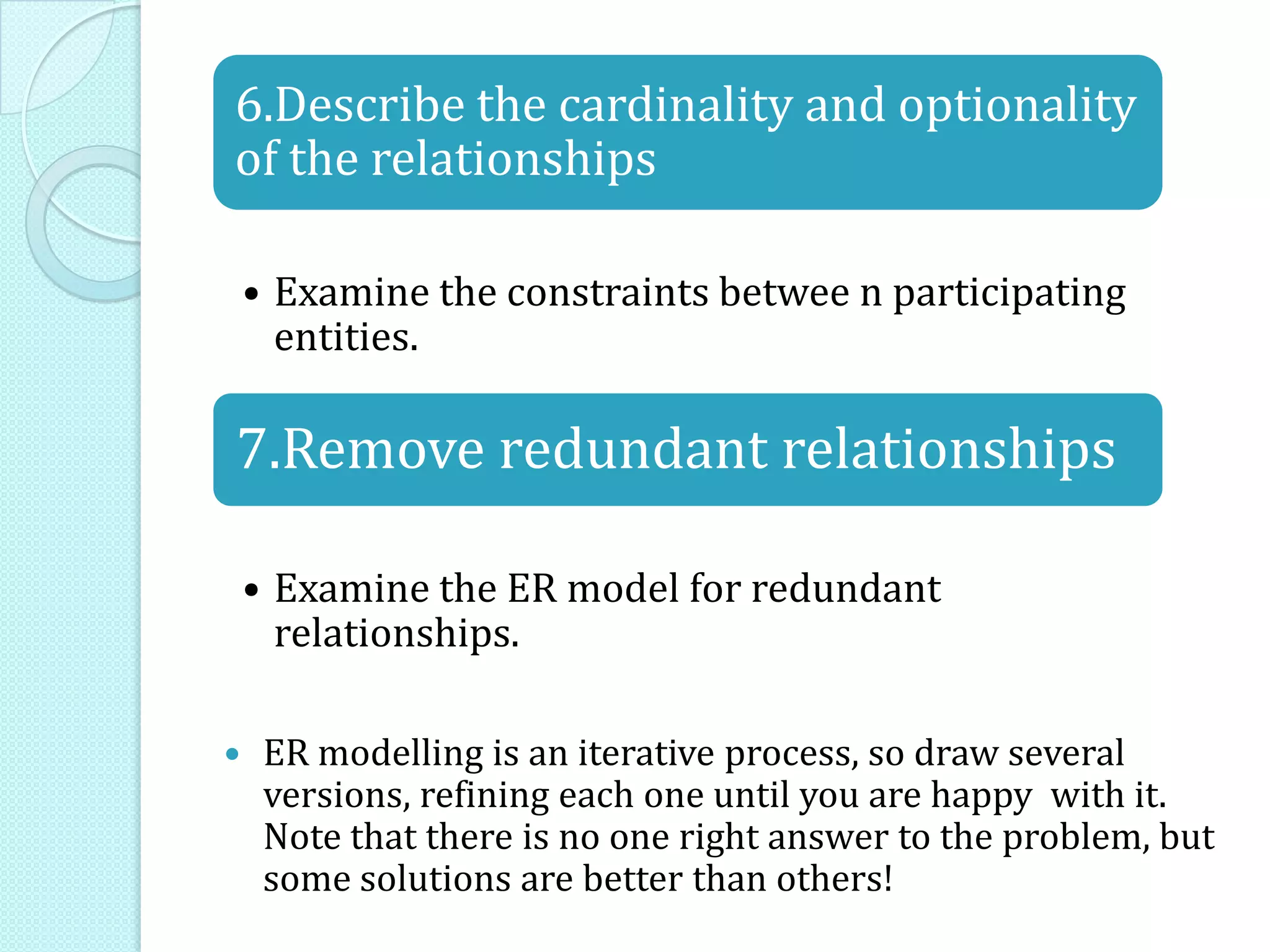 6.Describe the cardinality and optionality
of the relationships
• Examine the constraints betwee n participating
entities.
7.Remove redundant relationships
• Examine the ER model for redundant
relationships.
 ER modelling is an iterative process, so draw several
versions, refining each one until you are happy with it.
Note that there is no one right answer to the problem, but
some solutions are better than others!
 