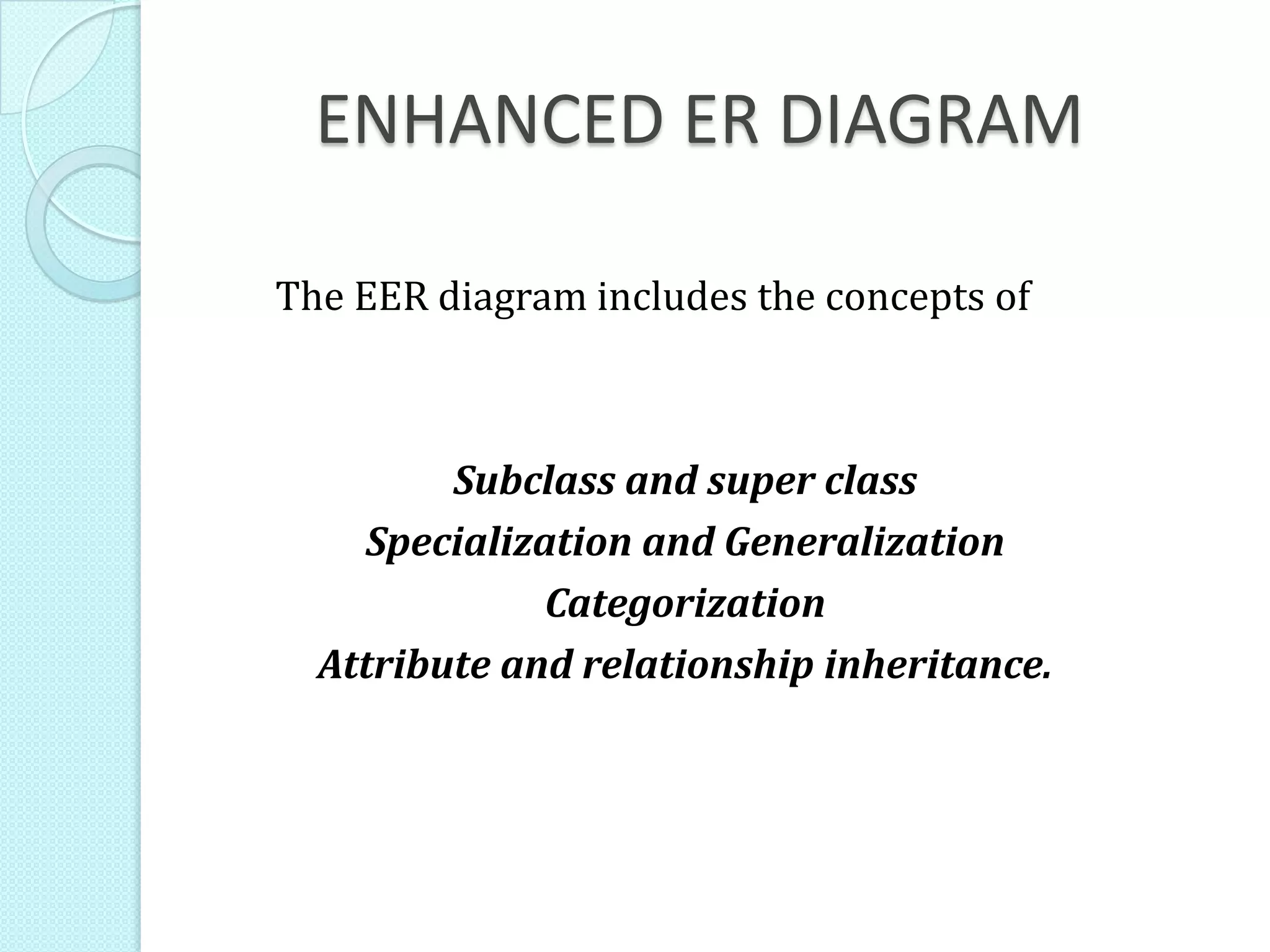 ENHANCED ER DIAGRAM
The EER diagram includes the concepts of
Subclass and super class
Specialization and Generalization
Categorization
Attribute and relationship inheritance.
 