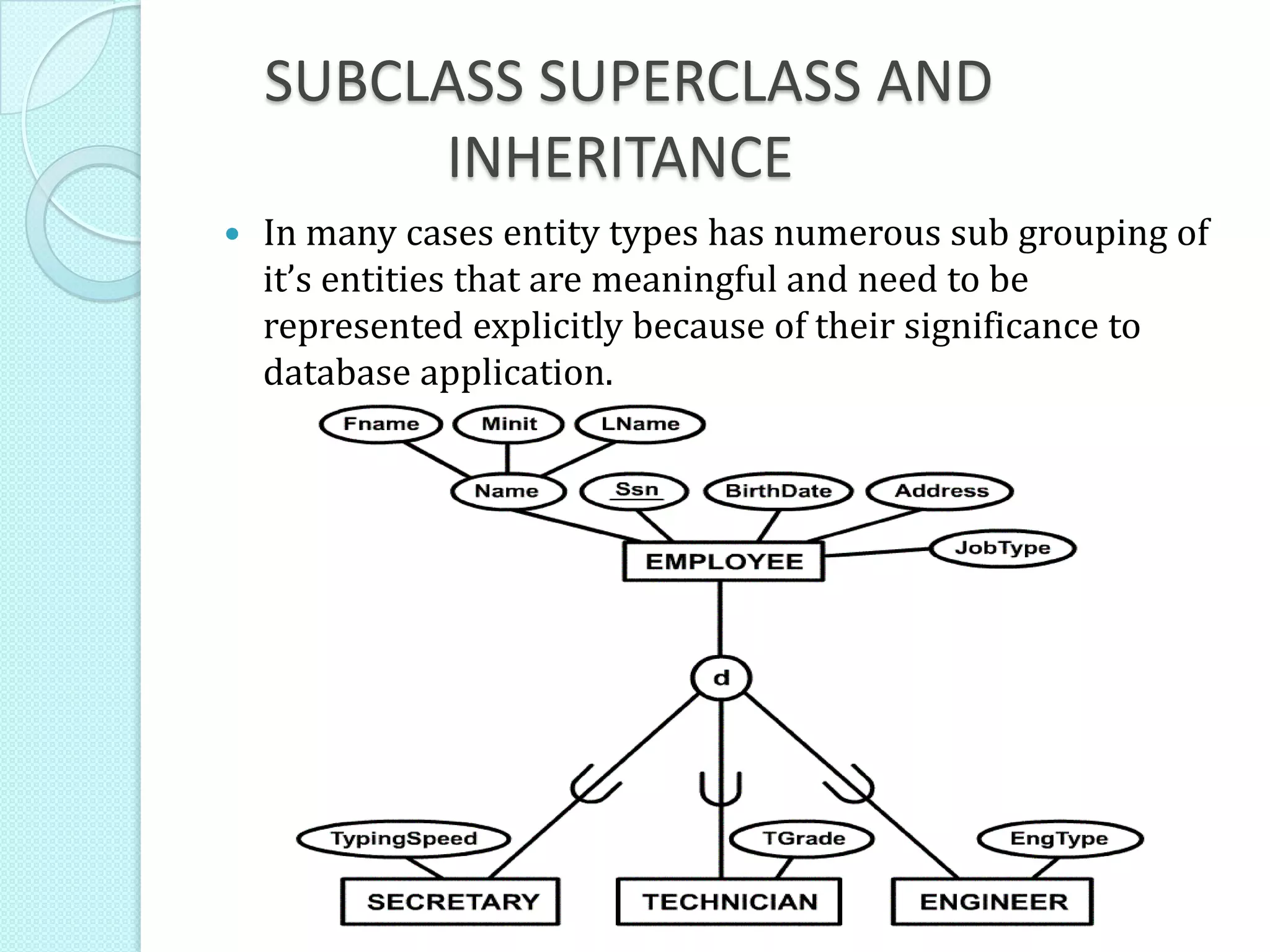 SUBCLASS SUPERCLASS AND
INHERITANCE
 In many cases entity types has numerous sub grouping of
it’s entities that are meaningful and need to be
represented explicitly because of their significance to
database application.
 