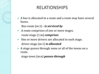 RELATIONSHIPS
 A bus is allocated to a route and a route may have several
buses.
Bus-route (m:1) - is serviced by
 A route comprises of one or more stages.
route-stage (1:m) comprises
 One or more drivers are allocated to each stage.
driver-stage (m:1) is allocated
 A stage passes through some or all of the towns on a
route.
stage-town (m:n) passes-through
 