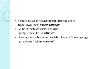 A route passes through some or all of the towns
route-town (m:n) passes-through
 Some of the towns have a garage
garage-town (1:1) is situated
 A garage keeps buses and each bus has one `home' garage
garage-bus (m:1) is garaged
 