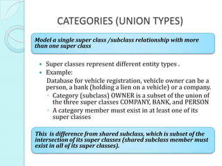 CATEGORIES (UNION TYPES)
 Super classes represent different entity types .
 Example:
Database for vehicle registration, vehicle owner can be a
person, a bank (holding a lien on a vehicle) or a company.
◦ Category (subclass) OWNER is a subset of the union of
the three super classes COMPANY, BANK, and PERSON
◦ A category member must exist in at least one of its
super classes
Model a single super class /subclass relationship with more
than one super class
This is difference from shared subclass, which is subset of the
intersection of its super classes (shared subclass member must
exist in all of its super classes).
 