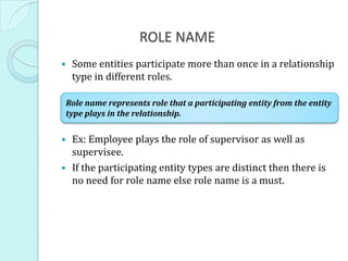 ROLE NAME
   Some entities participate more than once in a relationship
    type in different roles.

 Role name represents role that a participating entity from the entity
 type plays in the relationship.


 Ex: Employee plays the role of supervisor as well as
  supervisee.
 If the participating entity types are distinct then there is
  no need for role name else role name is a must.
 