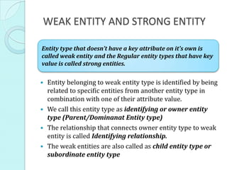 WEAK ENTITY AND STRONG ENTITY

Entity type that doesn’t have a key attribute on it’s own is
called weak entity and the Regular entity types that have key
value is called strong entities.


 Entity belonging to weak entity type is identified by being
  related to specific entities from another entity type in
  combination with one of their attribute value.
 We call this entity type as identifying or owner entity
  type (Parent/Dominanat Entity type)
 The relationship that connects owner entity type to weak
  entity is called Identifying relationship.
 The weak entities are also called as child entity type or
  subordinate entity type
 