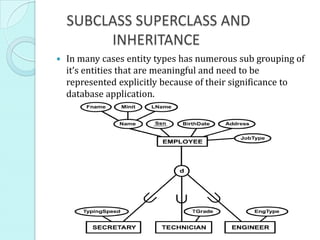 SUBCLASS SUPERCLASS AND
         INHERITANCE
   In many cases entity types has numerous sub grouping of
    it’s entities that are meaningful and need to be
    represented explicitly because of their significance to
    database application.
 