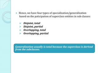    Hence, we have four types of specialization/generalization
    based on the paticipation of superclass entities in sub classes:

       Disjoint, total
       Disjoint, partial
       Overlapping, total
       Overlapping, partial



Generalization usually is total because the superclass is derived
from the subclasses.
 