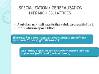 SPECIALIZATION / GENERALIZATION
          HIERARCHIES, LATTICES

  A subclass may itself have further subclasses specified on it
  Forms a hierarchy or a lattice.


Hierarchy has a constraint that every subclass has only one
superclass (called single inheritance)


      In a lattice, a subclass can be subclass of more than one
      superclass (called multiple inheritance)
 
