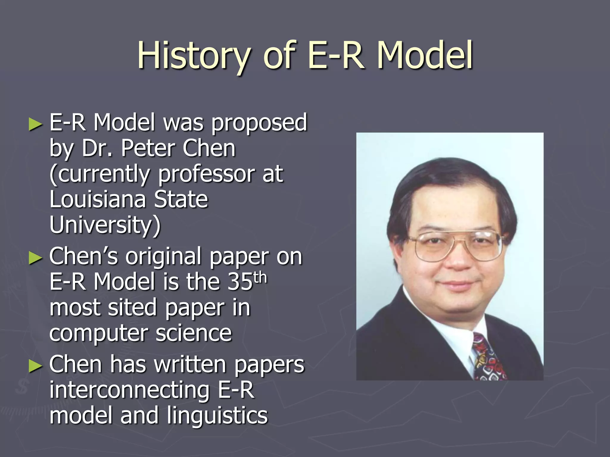 History of E-R Model
► E-R Model was proposed
by Dr. Peter Chen
(currently professor at
Louisiana State
University)
► Chen’s original paper on
E-R Model is the 35th
most sited paper in
computer science
► Chen has written papers
interconnecting E-R
model and linguistics
 