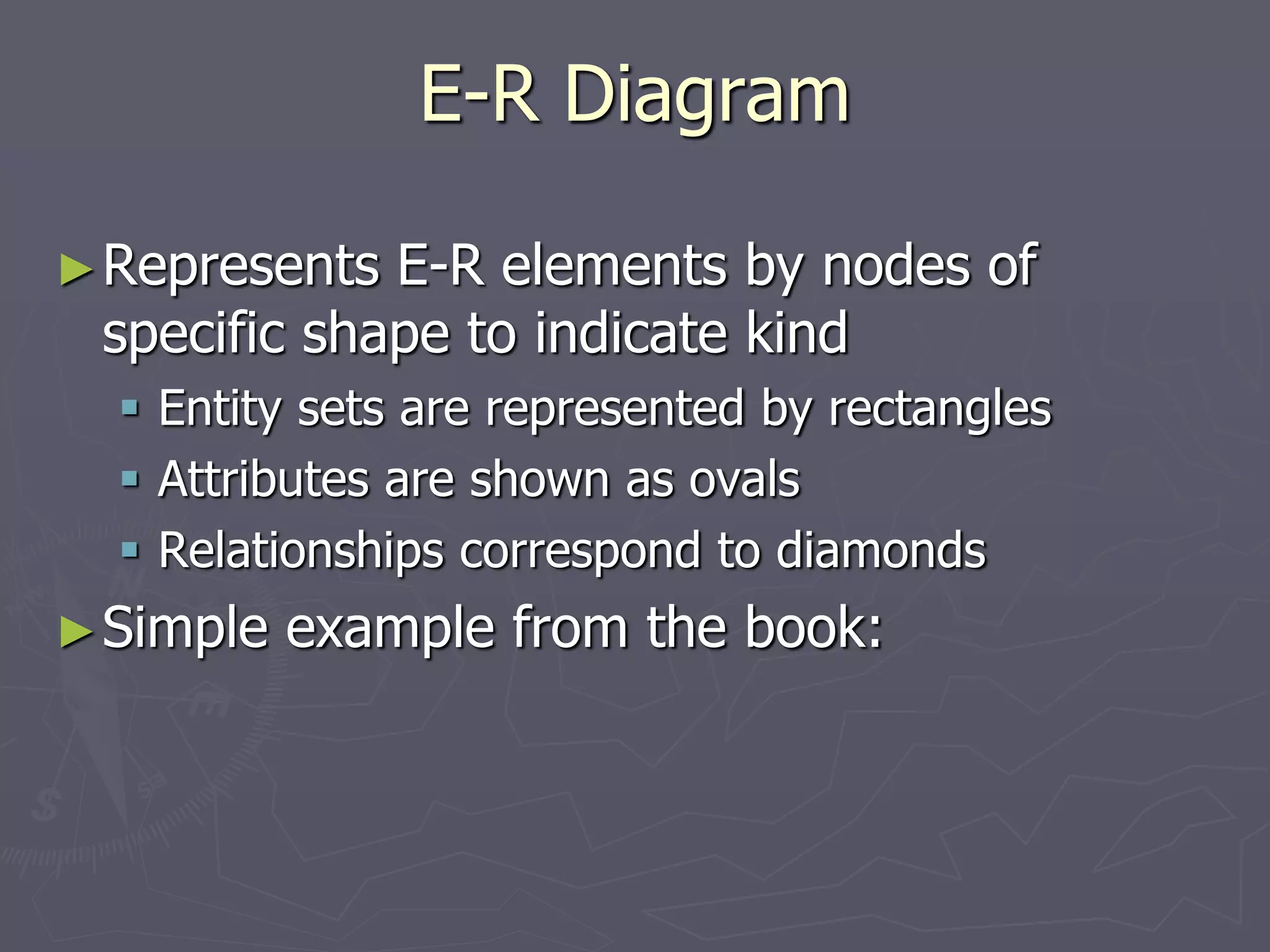 E-R Diagram
►Represents E-R elements by nodes of
specific shape to indicate kind
 Entity sets are represented by rectangles
 Attributes are shown as ovals
 Relationships correspond to diamonds
►Simple example from the book:
 