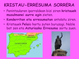 KRISTAU-ERRESUMA SORRERA
• Penintsularen iparraldean bizi ziren kristauek
musulmanei aurre egin zieten.
• Konderritan eta erresumatan antolatu ziren.
• Kristauek Pelaio hartu zuten buruzagi. Noble
bat zen eta Asturiasko Erresuma sortu zuen.
 