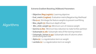 Algorithms
Extreme Gradient Boosting (XGBoost) Parameters
 Objective (Reg:Logistic): Learning objective
 Eval_metric (Logloss): Evaluation metric/Negative log-likelihood
 Eta (0.1): Shrinkage the feature weights to prevent overfitting
 Max_depth (7): Maximum depth of tree
 Min_child_weight (9) :Minimum sum of instance weight
 Gamma (0.80): Minimum loss reduction to make further partition
 Subsample (0.76): Subsample ratio of the training instance
 Colsample_bytree (0.95): Subsample ratio of columns when
constructing each tree
 Alpha (0) : L1 regularization term on weight
 Lambda (1) : L2 regularization term on weight
 