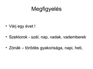 Megfigyelés

• Várj egy évet !

• Szektorok - szél, nap, vadak, vademberek

• Zónák – törődés gyakorisága, napi, heti,
 