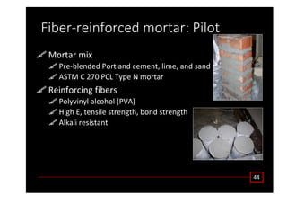 ŝďĞƌͲƌĞŝŶĨŽƌĐĞĚ ŵŽƌƚĂƌ͗ WŝůŽƚ
ϰϰ
DŽƌƚĂƌ ŵŝǆ
WƌĞͲďůĞŶĚĞĚ WŽƌƚůĂŶĚ ĐĞŵĞŶƚ͕ ůŝŵĞ͕ ĂŶĚ ƐĂŶĚ
^dD  ϮϳϬ W dǇƉĞ E ŵŽƌƚĂƌ
ZĞŝŶĨŽƌĐŝŶŐ ĨŝďĞƌƐ
WŽůǇǀŝŶǇů ĂůĐŽŚŽů ;Ws Ϳ
,ŝŐŚ ͕ ƚĞŶƐŝůĞ ƐƚƌĞŶŐƚŚ͕ ďŽŶĚ ƐƚƌĞŶŐƚŚ
ůŬĂůŝ ƌĞƐŝƐƚĂŶƚ
 