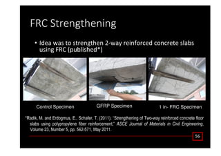 Z ^ƚƌĞŶŐƚŚĞŶŝŶŐ
• /ĚĞĂ ǁĂƐ ƚŽ ƐƚƌĞŶŐƚŚĞŶ ϮͲǁĂǇ ƌĞŝŶĨŽƌĐĞĚ ĐŽŶĐƌĞƚĞ ƐůĂďƐ
ƵƐŝŶŐ Z ;ƉƵďůŝƐŚĞĚΎͿ
ϱϲ
1 in- FRC SpecimenGFRP SpecimenControl Specimen
*Radik, M. and Erdogmus, E., Schafer, T. (2011). “Strengthening of Two-way reinforced concrete floor
slabs using polypropylene fiber reinforcement,” ASCE Journal of Materials in Civil Engineering,
Volume 23, Number 5, pp. 562-571, May 2011.
 