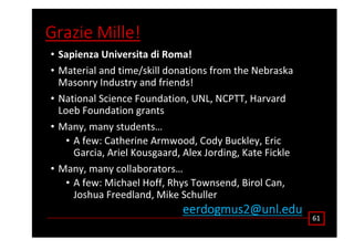 'ƌĂǌŝĞ DŝůůĞ͊
• ^ĂƉŝĞŶǌĂ hŶŝǀĞƌƐŝƚĂ Ěŝ ZŽŵĂ͊
• DĂƚĞƌŝĂů ĂŶĚ ƚŝŵĞͬƐŬŝůů ĚŽŶĂƚŝŽŶƐ ĨƌŽŵ ƚŚĞ EĞďƌĂƐŬĂ
DĂƐŽŶƌǇ /ŶĚƵƐƚƌǇ ĂŶĚ ĨƌŝĞŶĚƐ͊
• EĂƚŝŽŶĂů ^ĐŝĞŶĐĞ ŽƵŶĚĂƚŝŽŶ͕ hE͕ EWdd͕ ,ĂƌǀĂƌĚ
ŽĞď ŽƵŶĚĂƚŝŽŶ ŐƌĂŶƚƐ
• DĂŶǇ͕ ŵĂŶǇ ƐƚƵĚĞŶƚƐ͙
• ĨĞǁ͗ ĂƚŚĞƌŝŶĞ ƌŵǁŽŽĚ͕ ŽĚǇ ƵĐŬůĞǇ͕ ƌŝĐ
'ĂƌĐŝĂ͕ ƌŝĞů ŽƵƐŐĂĂƌĚ͕ ůĞǆ :ŽƌĚŝŶŐ͕ ĂƚĞ ŝĐŬůĞ
• DĂŶǇ͕ ŵĂŶǇ ĐŽůůĂďŽƌĂƚŽƌƐ͙
• ĨĞǁ͗ DŝĐŚĂĞů ,ŽĨĨ͕ ZŚǇƐ dŽǁŶƐĞŶĚ͕ ŝƌŽů ĂŶ͕
:ŽƐŚƵĂ ƌĞĞĚůĂŶĚ͕ DŝŬĞ ^ĐŚƵůůĞƌ
ϲϭ
ĞĞƌĚŽŐŵƵƐϮΛƵŶů͘ĞĚƵ
 