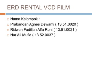 ERD RENTAL VCD FILM





Nama Kelompok :
Prabandari Agnes Dewanti ( 13.51.0020 )
Ridwan Fadillah Alfa Roni ( 13.51.0021 )
Nur Ali Mufid ( 13.52.0037 )

 