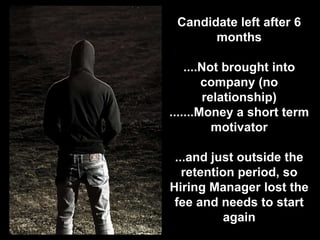 Candidate left after 6 months....Not brought into company (no relationship).......Money a short term motivator...and just outside the retention period, so Hiring Manager lost the fee and needs to start again