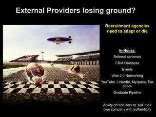 External Providers losing ground?Recruitment agencies need to adapt or dieIn-House:Referral schemesCRM DatabaseEventsWeb 2.0 NetworkingYouTube, LinkedIn, Myspace, FacebookGraduate PipelineAbility of recruiters to ‘sell’ their own company with authenticity