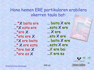 Hona hemen ERE partikularen erabilera
            okerren taula bat:
       … *X baita ere       … baita X ere
       …*X ezta ere         …ezta X ere
       ...*ere X
       ...                  ... X ere
       …*eta ere X          …eta X ere
       …*X ere baita        … baita X ere
       …* X ere ezta        …ezta X ere
       …*ere bai X          …X ere bai
       …*ere ez X           …X ere ez

                                            10
EHULKUren aholkuak      ERE (II)
 