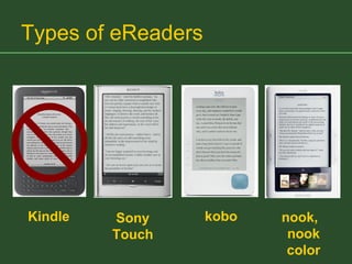 Types of eReaders nook,  nook color Sony Touch kobo Kindle 