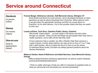 Service around Connecticut
Francie Berger, Reference Librarian, Hall Memorial Library, Ellington CT
Since Kindle and Nook are most common, we've developed handouts on basic
operations as well as ebook downloads from Overdrive. When patrons come
in we give them the appropriate handouts and then do a quick demo on
Overdrive. As for other devices, I try to find youtube videos that they can watch
on their own.
Louise LeClaire, Tech Svcs, Cheshire Public Library, Cheshire
We provide "cheat sheets" …as hard copies in the library and also online
through our website. These are the first things we give people when they have e-
reader questions, and is often all the help they need.
If more extensive help is needed, we offer e-Reader Help Desk sessions a
couple of times a month where patrons can sign up for an hour of 1-on-1 help
with a staff member. We try to keep the focus on how to use the device
to download library books, but there are always general questions about the
devices themselves.
Rebecca Harlow, Head of Reference and Adult Services, Case Memorial Library,
Orange
Offers ereader/Overdrive training by appointment, as well as custom handouts
covering downloading/holds/returns.
―I think no matter what type of help you offer it’s important to establish limits on
what you will provide and reevaluate your services periodically.‖
Handouts
(in person,
online)
Demos
(on screen,
videos)
One-on-one
(drop-in,
appointment-
based)
 