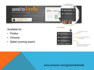 Available for
• Firefox
• Chrome
• Safari (coming soon!)




                          www.amazon.com/gp/sendtokindle
 
