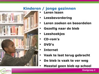Kinderen / jonge gezinnen Leren lezen Leesbevordering Leren zoeken en beoordelen Gezellig naar de bieb Leeshoekjes CD-rom's DVD's Internet Vaak te laat terug gebracht De bieb is vaak te ver weg Meestal geen bieb op school Doelgroep 2 