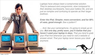 Laptops have always been a compromise solution.
                                                          Theyʼre awkward and unergonomic, slow compared to
                                                          their desktop counterparts, have poor battery life, and are
                                                          just as complex and confusing to operate as their larger
                                                          brethren.

   píÉîÉ=g Äë======K                                      Enter the iPad. Simpler, more convenient, and for 99%
                                                          of uses, good enough. See a pattern?

                                                          … And, like your cameraphone, itʼs going to sneak up on
                                                          you. But one day, pretty soon, youʼll realize that you
                                                          havenʼt used your laptop in days. That you tend to grab
                                                          your iPad ﬁrst whenever you need to visit a website or
                       ! ! ! " # $ % & ' ( % $ ) *" + %
                                                          answer email. That your laptop never leaves your desk
                                                          anymore.




vrijdag 11 juni 2010
 
