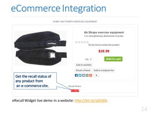 eCommerceIntegration
eRecall Widget	live	demo	in	a	website:	http://bit.ly/1jGZdSx
14
 