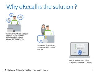 Why	eRecallis	the	solution	?
SIGN	UP	AND	MANAGE	ALL	YOUR	
ASSETS	AT	HOME	FROM	THE	
PRODUCTS	CENTER.	EASY	
SYNCHRONIZATION	TOOLS
ENJOY	OUR	MONITORING,	
REPORTING,	RESOLUTION	
CENTER
SAVE	MONEY,	PROTECT	YOUR	
FAMILY	AND	KEEP	PEACE	OF	MIND
A	platform	for	us	to	protect	our	loved	ones! 7
 